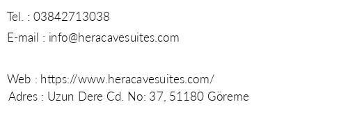 Hera Cave Suites telefon numaralar, faks, e-mail, posta adresi ve iletiim bilgileri